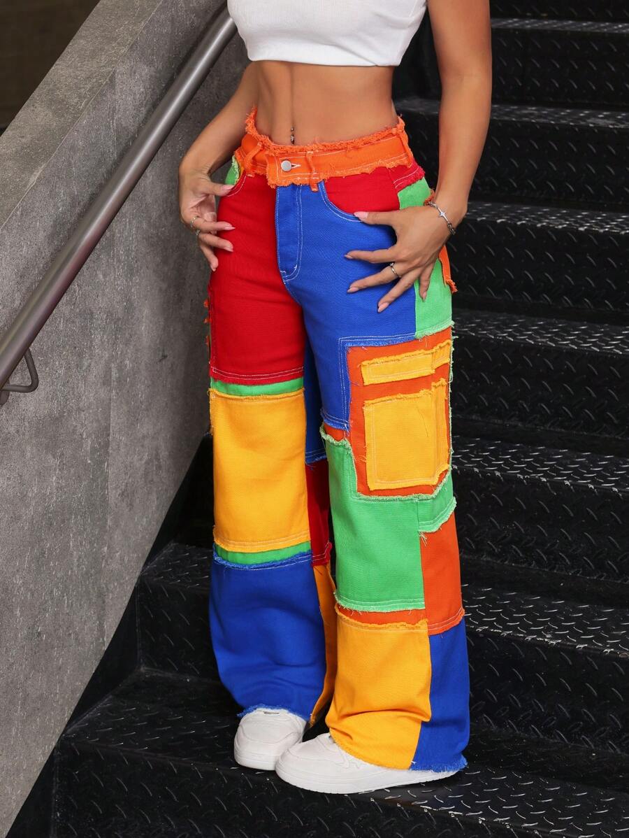 SHEIN PETITE Women's Multicolor Patchwork Denim Jeans: Extra Long, Casual Style, Zipper Details - Multicolor - View 1