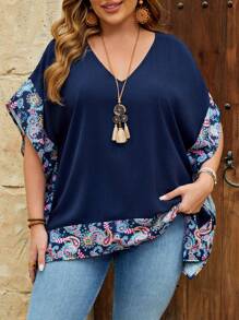 EMERY ROSE Plus Size V-Neck Patchwork Batwing Sleeve Casual Vacation Paisley Print Blouse,Vacation Summer Office Wear, Vacation, Summer Festival Boho,Holiday,Western Wear - Navy Blue - View 4