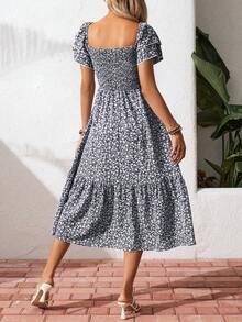 Breezaya Square Neck Ditsy Floral Casual Summer Short Sleeve Dress Maxi Vacation Beach Outfits Women - Navy Blue - View 2