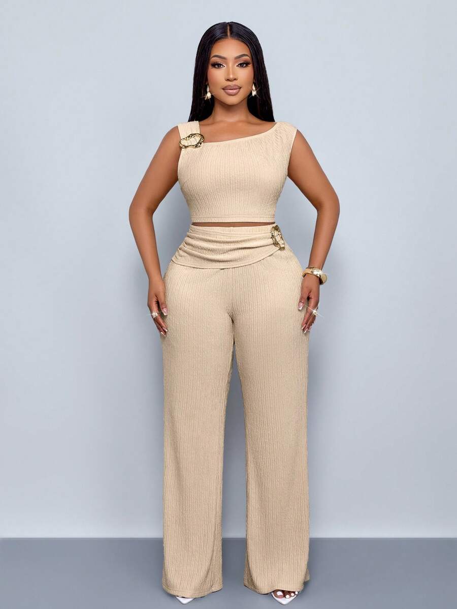 SOLERSUN Women Plus Size Outfits Spring/Summer Casual Daily Wear Solid Color Asymmetrical Neck Top & Flare Leg Pants Two Pieces