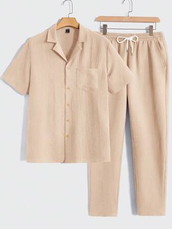 Manfinity RelaxMax 2 stuks/set heren casual effen kleur korte mouwen overhemd en broek heren 2 stuks linnen heren linnen outfit