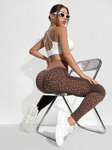 Easithlete 女士豹纹简约运动紧身裤瑜伽裤 - 咖啡棕 - 查看 3