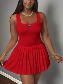 Slaydiva New Spring And Summer Casual Simple Basic U-Neck Racer Vest With Black Label And White Words Pleated Skirt Including Shorts And Culottes White Knitted Fabric Women's Mini Dress-A,Summer Dresses For Women - Red - View 6