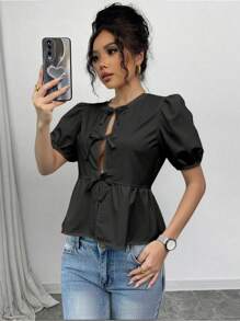 Rafferiza 女士夏季泡泡袖衬衫配蝴蝶结女士衬衫 - 黑色 - 查看 5