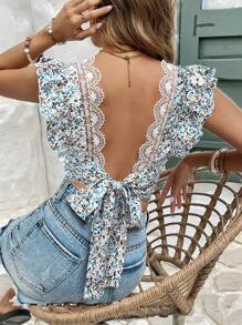 SHEIN Frenchy 女士碎花后背系带荷叶边蕾丝拼接衬衫