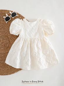 Cozy Pixies Baby Girl 3D Bow Decor Round Neck Puffed Sleeve Cinched Waist A-Line Dress