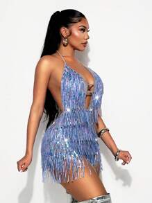 VaVaBold 2025春夏女装新款连体裤，深V，挂脖，大露背，短款，渐变色，流苏珠片，钢珠，适合派对，音乐节，夜店酒吧。 - 彩色 - 查看 7