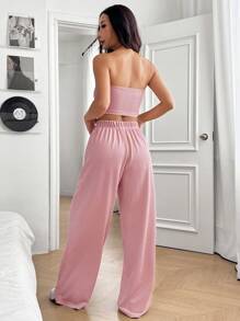 SHEIN EZwear Conjunto casual feminino de 2 peças, blusa e calça - Rosa - Ver 2