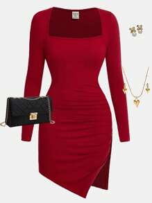 SHEIN Girlism 少女红色紧身针织褶皱腰不对称下摆优雅复古优雅长袖连衣裙，适合圣诞节、派对、生日、女孩少女服装 - 酒紅色 - 查看 1