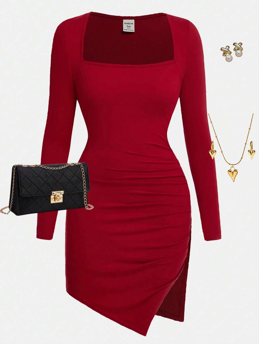 SHEIN Girlism 少女红色紧身针织褶皱腰不对称下摆优雅复古优雅长袖连衣裙，适合圣诞节、派对、生日、女孩少女服装 - 酒紅色 - 查看 1