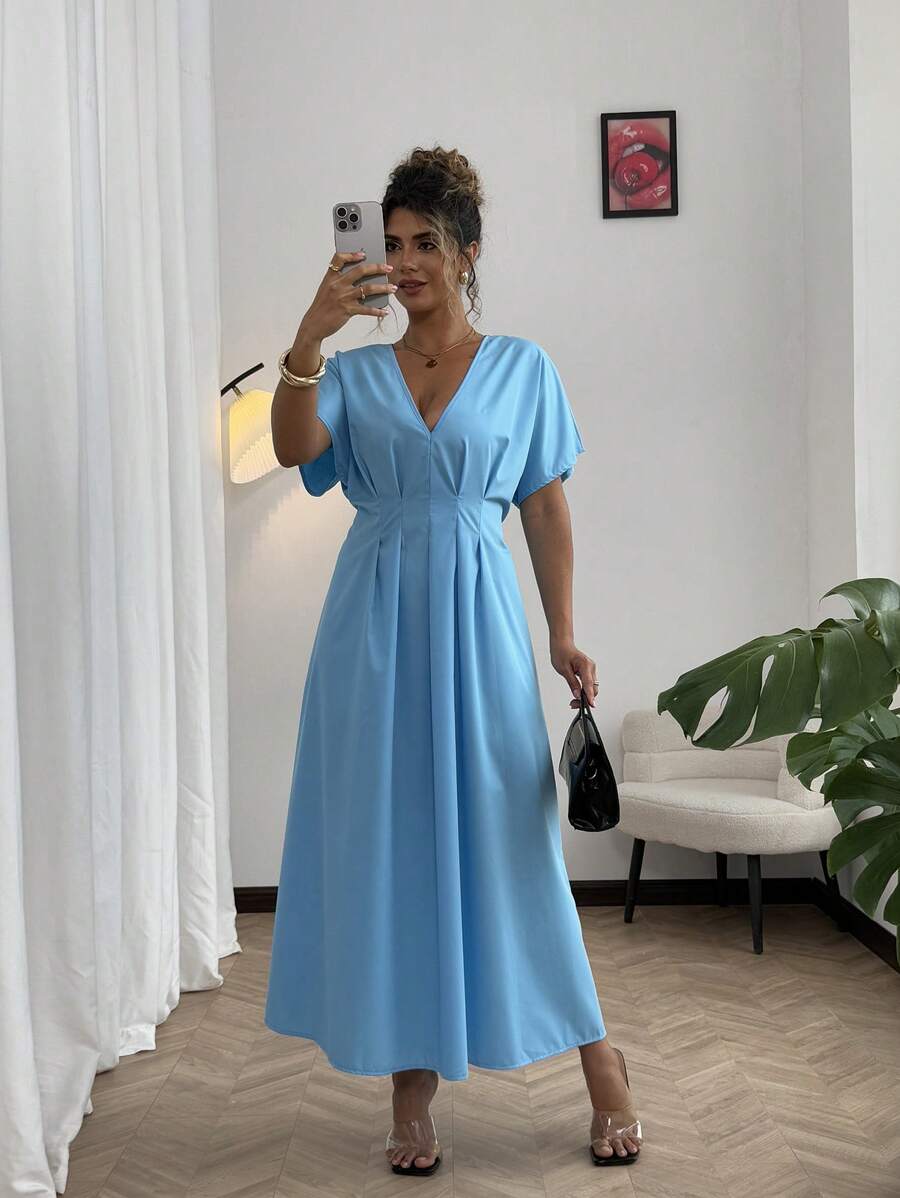 SHEIN Clasi Vestido largo de línea A con cintura para mujer de talla grande en unicolor - Azul - Ver 1