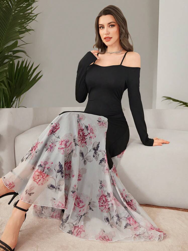 Modelyn Digital Print Long Sleeve Dress With Contrast Hemline - Multicolor - View 5