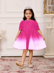 SHEIN 1pc Young Girls Chiffon Round Neck Beaded Puff Sleeve Pleated Print Gradient Hem Formal Dress, Elegant For Party, Summer Sibling Matching Outfits (2 Pieces Sold Separately) - Hot Pink - View 2