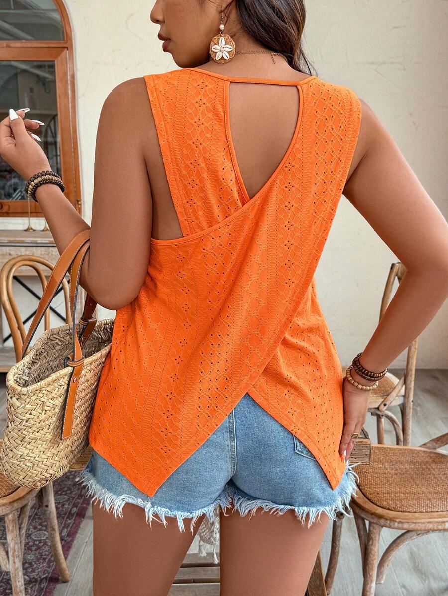 SHEIN Clasi 夏季大码休闲纯色露背交叉刺绣上衣 - 橘色 - 查看 1