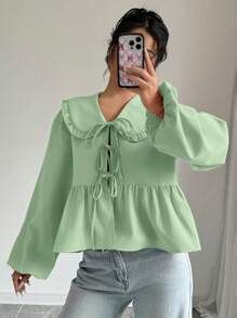 SHEIN Unity 个性领口灯笼袖前结荷叶边衬衫夏季女式衬衫 - 薄荷綠 - 查看 4