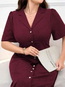 Modelyn 加大码纯色前排纽扣夏季短袖连衣裙长款女士装长款晚礼服