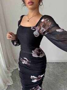 Modelyn Women's Floral Print Elegant Square Neck Tie Waist Midi Dress Maxi Women Outfit Long Evening Dresses - Champagne - View 5