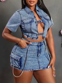 Slaydiva Plus Size Solid Color Hollow-Out Reversible Short Sleeve Denim Jacket, Summer Sexy - Light Wash - View 1