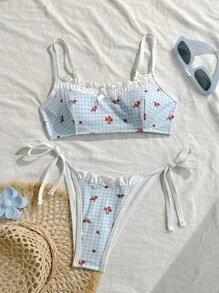 Swim Mod Ensemble de bikini sexy avec liens pour femmes, imprimé carreaux cerises pour l'été et la plage - Multicolore - Voir 1