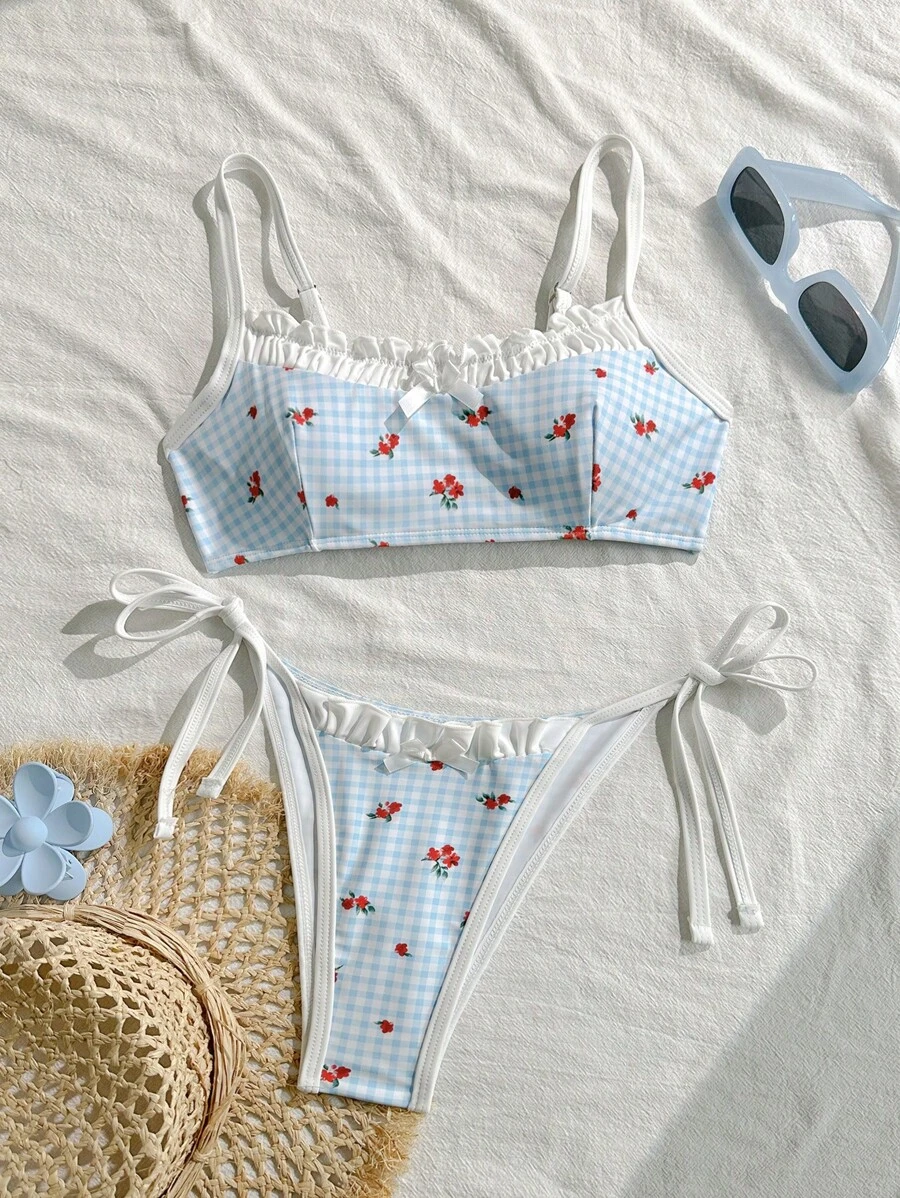 Swim Mod Ensemble de bikini sexy avec liens pour femmes, imprimé carreaux cerises pour l'été et la plage - Multicolore - Voir 1
