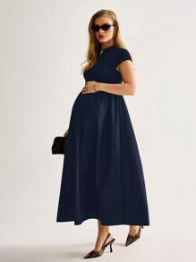 MaterniWear Maternity Solid Color Stand Collar Elegant Short Sleeve Dress, Summer Navy Blue - Navy Blue - View 3