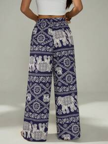 SHEIN PETITE Elephant Print Wide-Leg Pants Are Suitable For Vacation And Beach Dates,Bohemia - Navy Blue - View 2