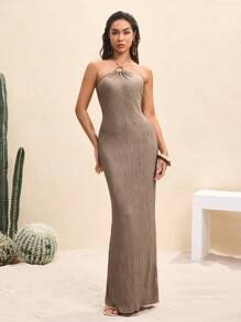 BY FELIZIA Brown Strapless Beaded Open Back High Slit Elegant Maxi Dress