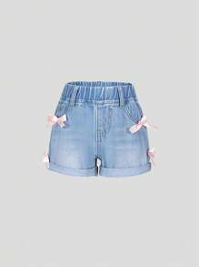 Baby Girls Cute Light Blue Washed Denim Color Bow Ruffled Hem Elastic Waist Casual Versatile Denim Shorts - Light Wash - View 1