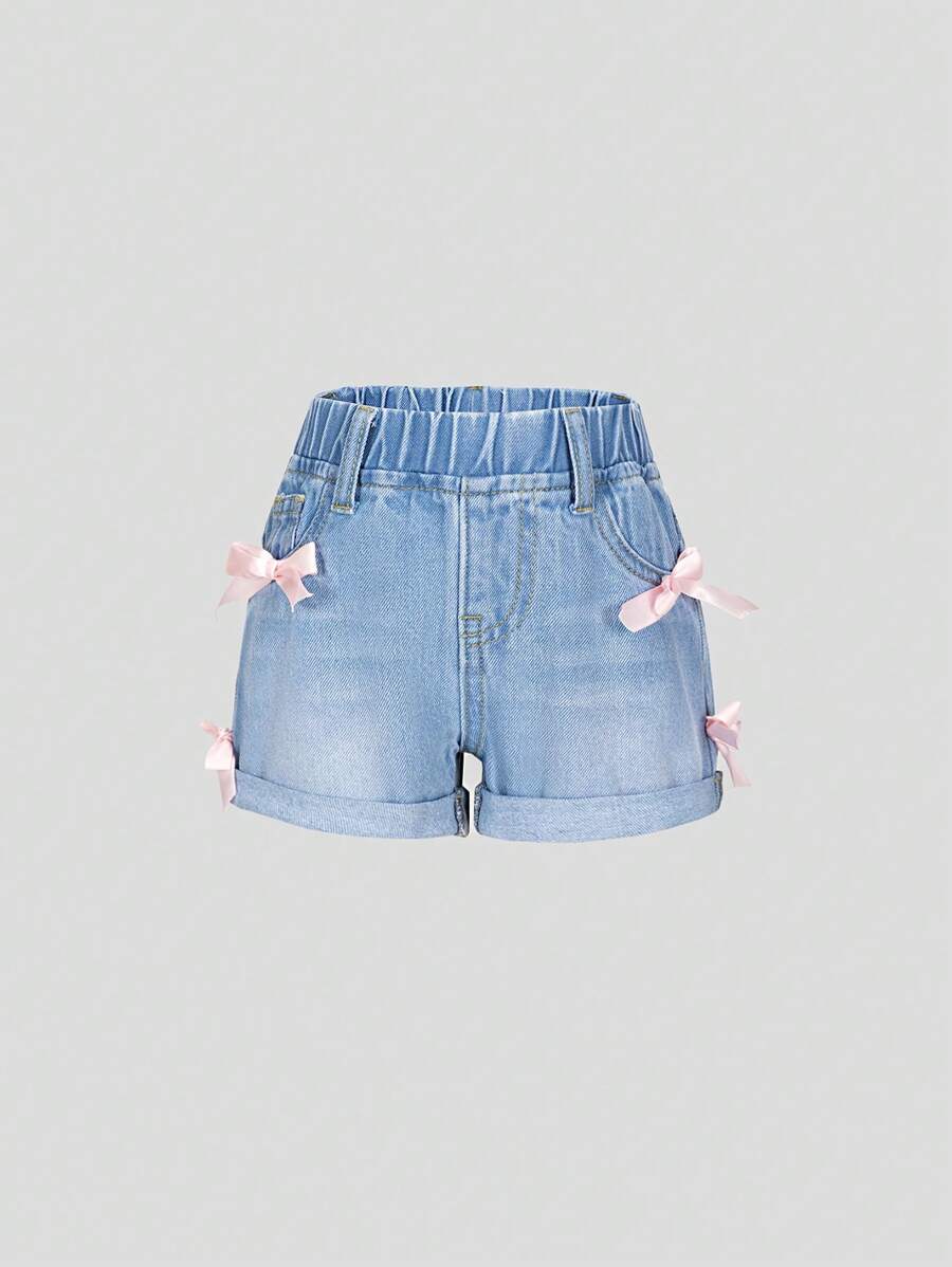 Baby Girls Cute Light Blue Washed Denim Color Bow Ruffled Hem Elastic Waist Casual Versatile Denim Shorts - Light Wash - View 1