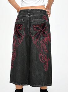 ROMWE Grunge Punk Jeans de mezclilla de talle bajo, holgados, de estilo callejero vintage con bordado de vid y cruz - Negro - Ver 5