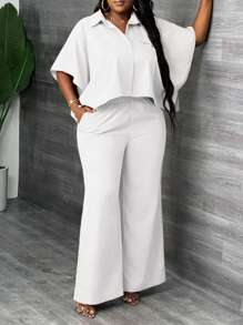 Slaydiva 2 件套大码女式纯色衬衫和裤子，优雅、日常和通勤 - 白色 - 查看 4