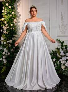 Glamrae Plus Size Elegant Romantic White Off The Shoulder Open Shoulder Applique Decor A-Line Heavy Embroider Wedding Dress, Bride - White - View 1