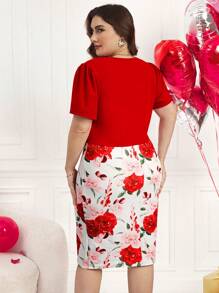 Reflora Ladies Plus Size Spring Floral Print Elastic Knit 2 In 1 Dress, Elegant Romantic Daily Outfit, Suitable For Valentine's Day - Red - View 2