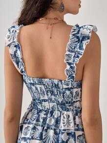 Florisole 女式优雅年轻蓝色贝壳印花休闲吊带裙 - 藏蓝色 - 查看 3