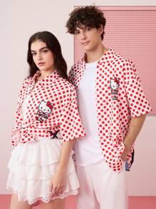 HELLO KITTY AND FRIENDS | SHEIN Unisex Casual Loose Woven Cat Print Red Polka Dot Short Sleeve Shirt, Spring/Summer - Red and White - View 2