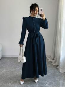 Lyxana 女士纯色荷叶边前扣长袖休闲长款收腰连衣裙长款女装