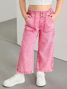 Girl Young Girl New Fuchsia Rose Snow Washed Loose Wide Leg Jeans, Cute Casual Pockets Design Ruffled Waist Front Button Decor, Suitable For Daily Wear, Minimalist & Versatile - Hot Pink - View 1