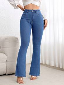 Flexra Women's Casual Versatile Slanted Pocket Flare Leg Jeans - Medium Wash - View 4