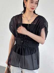 FRIFUL 女士网眼短袖褶腰休闲上衣，适合休闲度假，荷叶边