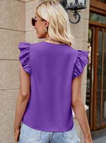 SHEIN Clasi 女式纯色单排扣 V 领休闲荷叶袖衬衫 - 紫羅蘭色 - 查看 2