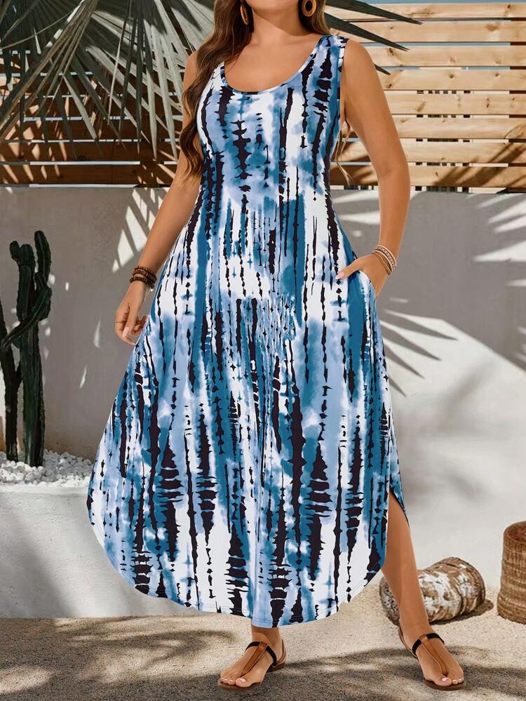 Plus Size Round Neck Sleeveless Pocket Dye Print Casual Midi Dress,Summer Clothes,Vacation Outfits Woman / Vacation,Boho Women Clothing,Flower/Spring