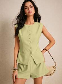 Poéselle 女士衬衫 亚麻衬衫 上衣 纽扣门襟 女士无袖纯色背心和短裤 休闲运动，简约时尚 波西米亚风 夏季女士上衣 商务休闲 女士西装 女士夏季女士上衣 夏季女士衬衫 办公室女士 夏季衬衫 纽扣女士波西米亚风 - 綠色 - 查看 6