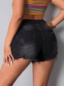 SHEIN LUNE Plus Size Ripped Denim Shorts - Black - View 2