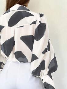 INAWLY 女士优雅几何印花灯笼袖衬衫，春夏 - 深灰色 - 查看 3