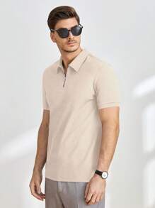Manfinity VCAY Men's Casual Knitted Form-Fitting Raglan Zip-Up Short Sleeve Polo Shirt, Suitable For Everyday Wear - Khaki - View 4