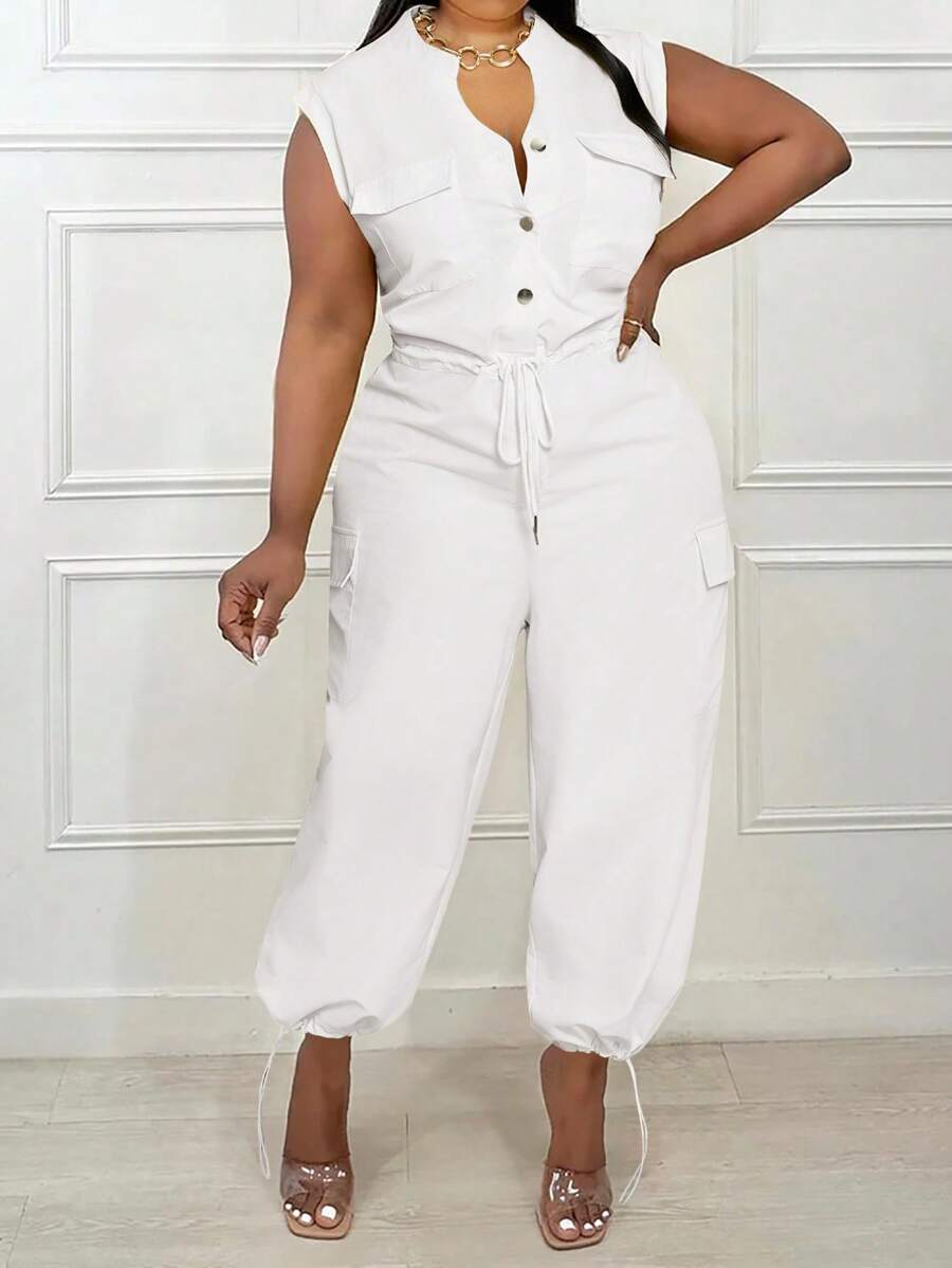 Slaydiva Plus Size Women's Elegant & Commute & Daily Solid Yellow Sleeveless Collar Open Front Drawstring Waist Jumpsuit With Pockets, Adjustable Ankle Hem, Spring/Summer - White - View 1