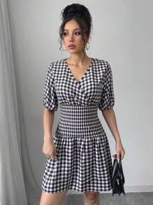 Chiquease Vestido corto negro y blanco con estampado de cuadros con mangas de linterna y cintura ajustada para mujeres - Blanco y Negro - Ver 5