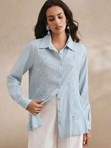 Anewsta Blusa de manga larga de lino bordada para mujer - Celeste - Ver 6