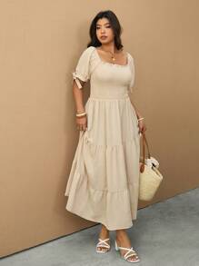 Elaquor Plus Size Solid Color Short Sleeve Long Dress, Casual Holiday Wear - Apricot - View 3