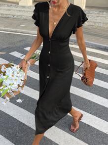 Serisse 女士简约法式优雅褶饰腰部盖袖连衣裙，女士夏季连衣裙